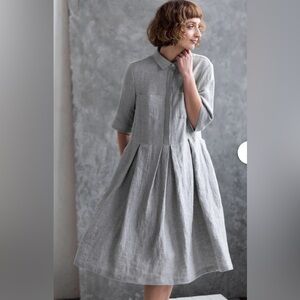 • OFFON CLOTHING Linen Pleated Skirt Shirt Dress